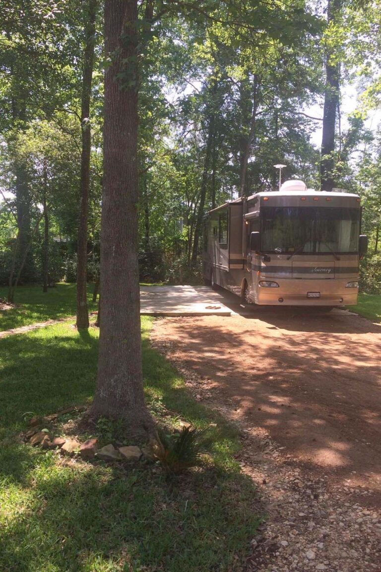 parked RV surrounded by grass and trees