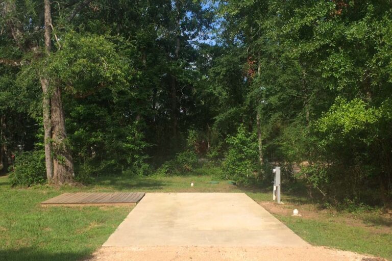 concrete RV pad surrounded by grass and trees